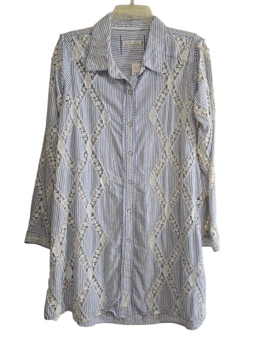 NWT Free People Maldives Stripes Top Ivory & Blue Combo XS Oversized Lace Insets - Picture 3 of 9